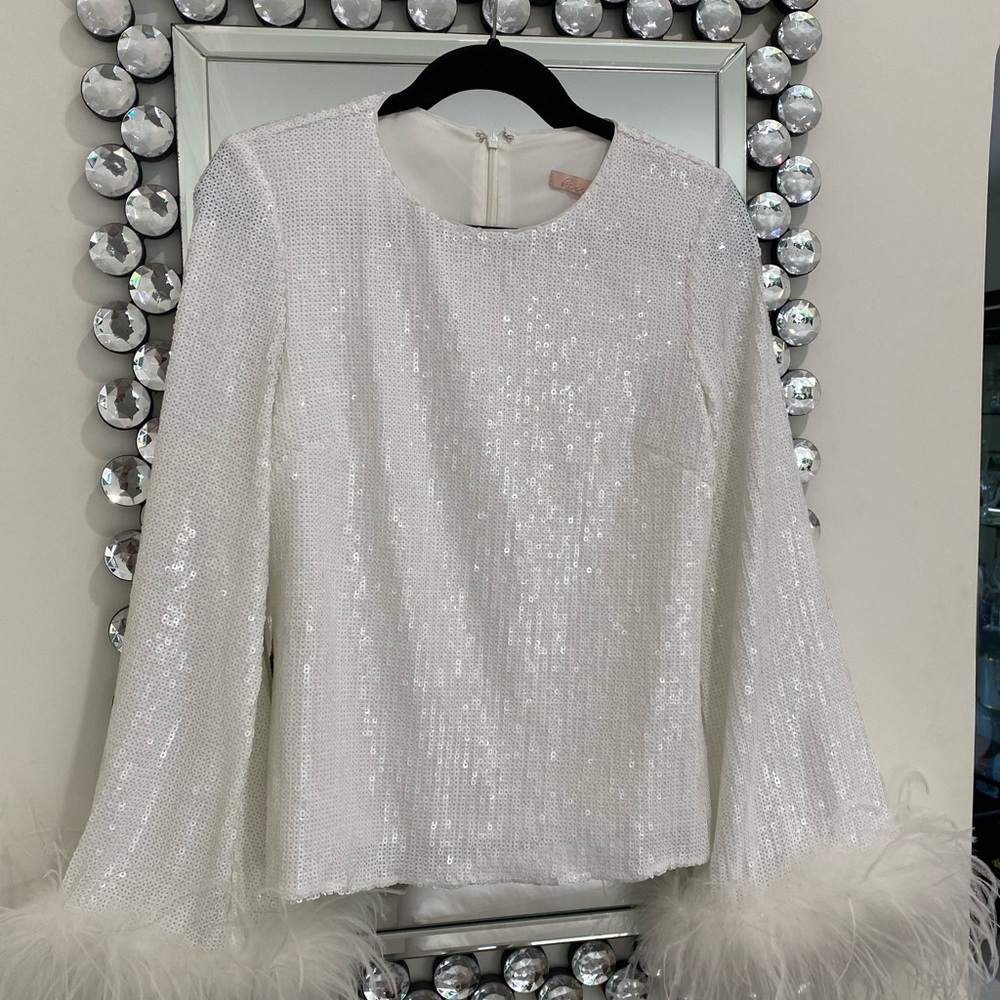 White Sequin Top with Feather Cuffs